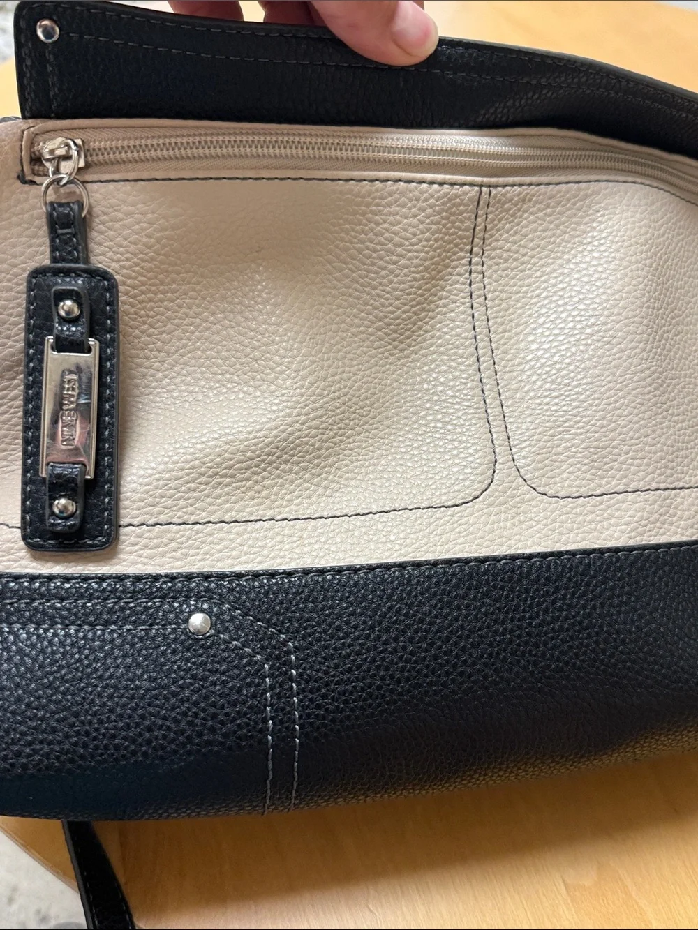 Nine West Black and Cream Two-Tone Faux Leather Pebbled Tote Bag